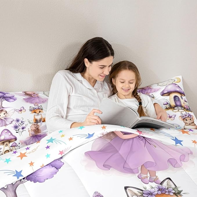 Erosebridal Purple Fairy Twin Comforter Set - Mushroom Floral Butterfly Bedding Sets for Girls Kids, Whimsical Fairies Garden Bed Set | Flower Forest Theme Room Decor with 1 Pillowcase