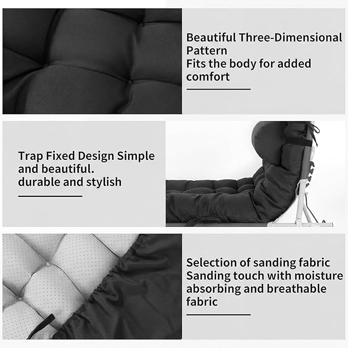 Tudomro 2 Pcs Black 66'' Outdoor Chaise Lounge Cushion Waterproof Patio Lawn Pool Chaise Lounge Cushion with Headrest Pillow & Ties Weather Fade Resistant Replacement Longue Chair Pad