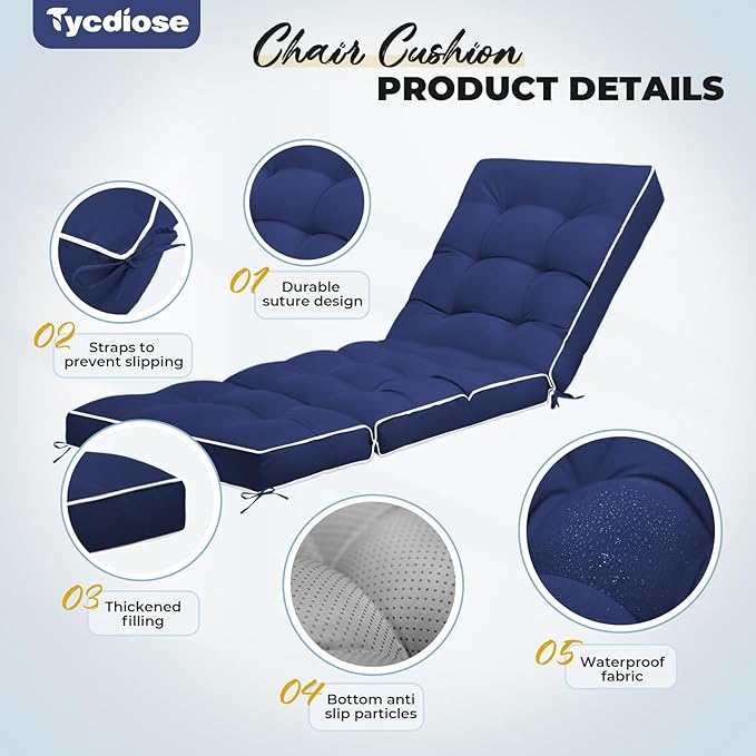 Outdoor Chaise Lounge Chair Cushion, Non-Slip Patio Chaise Lounge Cushions Waterproof for Outdoor Furniture, Thickened Patio Pool Lounger Chair Cushion, 76.4 x 22.8 x 4.7 Inches, Navy
