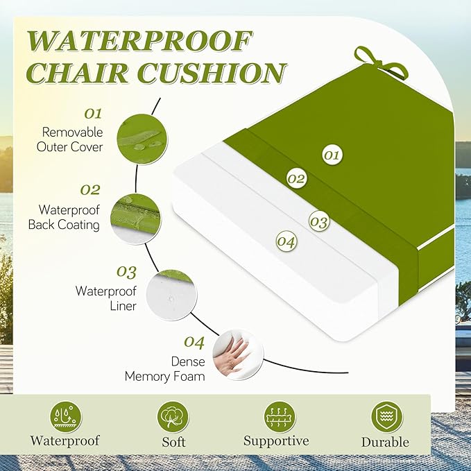 Waterproof Outdoor Chair Cushions Set of 2, Square Outdoor Seat Cushions with Ties and Removable Covers, 19 x 19 Outdoor Cushions for Patio Furniture with Portable Handle(Grass Green/White)