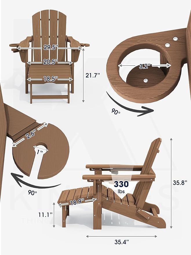 KINGYES Folding Adjustable Adirondack Chair with Ottoman & 2 Cup Holders, HDPE Recliner Adirondack Chair with Footrest, Brown