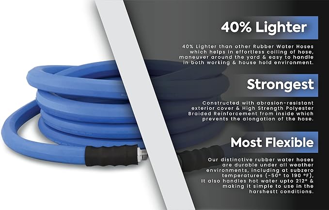 AG-LITE BSAL5875 5/8" x 75'' Hot/Cold Water Rubber Garden Hose, 100% Rubber, Ultra-Light, Super Strong, 500 PSI, 50F to 190F Degrees, High Strength Polyester Braided