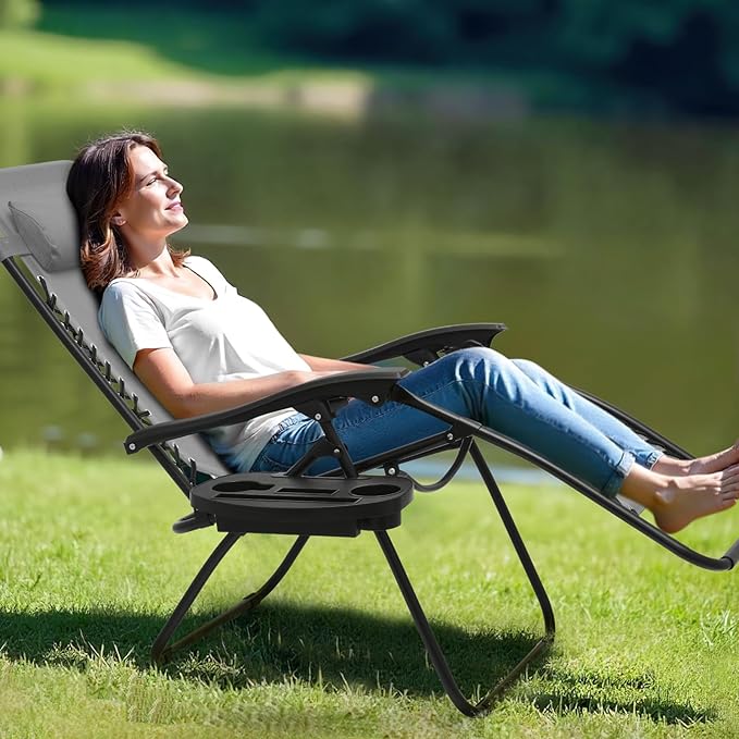 Athena Collection Zero Gravity Chair, Folding Lounge Chair, Reclining Camping Chair, Outdoor Zero Gravity Recliner with Adjustable Pillow and Cup Holder for Outside Beach Garden Patio Poolside - Gray