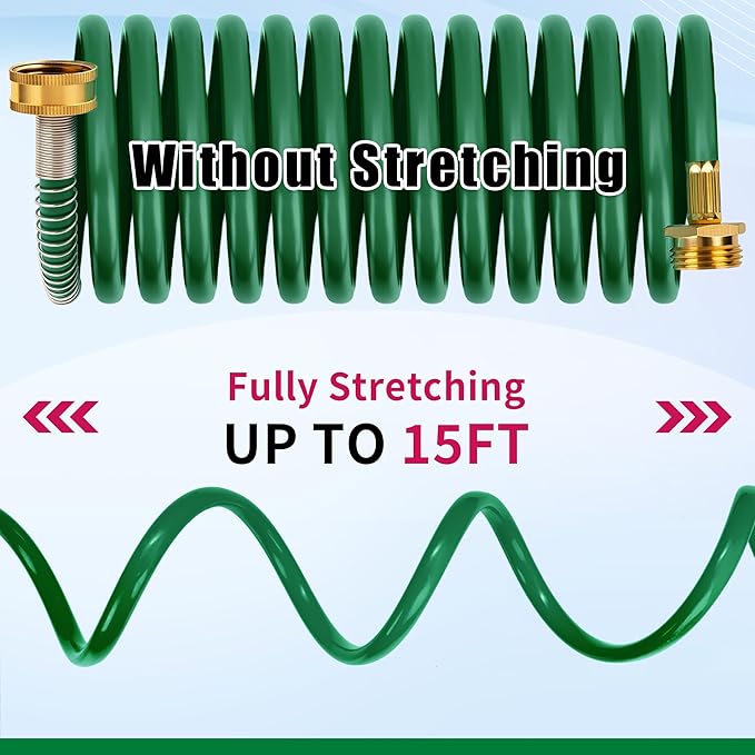 AUTOMAN Coil Garden Hose 15 ft, EVA Curly Water Hose with Brass Connectors, Recoil Garden Water Hose,Includes 7-Pattern Function Sprayer,Retractable,Corrosion Resistant Garden Coil Hose.