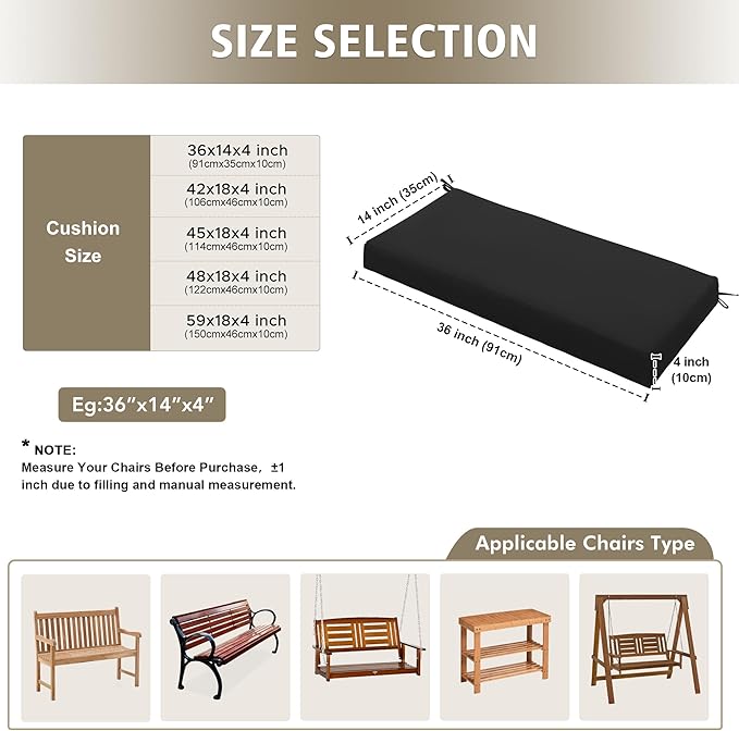 Outdoor Bench Cushion Waterproof 45"x18" – Fade-Resistant Patio Furniture Cushion with Ties for Porch Swing, Loveseat, or Indoor Bench Replacement, Black
