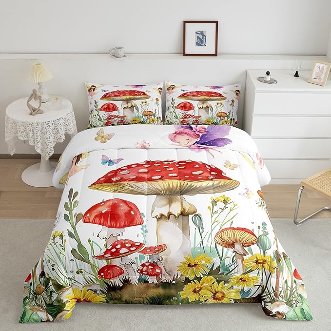Erosebridal Fairy Garden Twin Comforter Set,Kawaii Mushroom Bedding Sets for Kids Teen Girls,Cute Floral Butterfly Quilt Bed Set,Dreamy Fairy Flower Bedroom Decor,1 Pillowcase Breathable