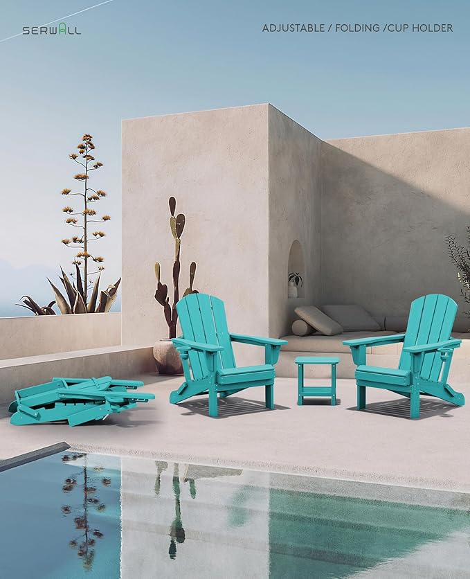 SERWALL Folding Adirondack Chair Set of 2, Adjustable Adirondack Chair with 3 Recline Positions, All Weather HDPE Outdoor Adirondack with Cup Holders, Aruba