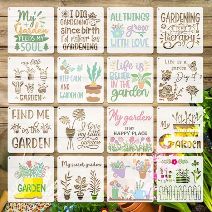 16-Pack Garden Word Stencils, Reusable Gardening Quote Templates for Wood Signs, Wall Art, DIY Crafts & Baking Decor - 7.87x7.87 Inch PET Stencils Set