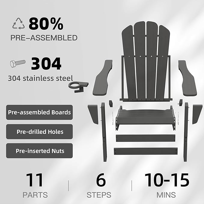 Domi Folding Adirondack Chairs Set of 6, HDPE All-Weather Outdoor Chairs with Cup Holder, Wooden Textured Fire Pit Chairs for Backyard, Patio, Poolside & Deck, Grey