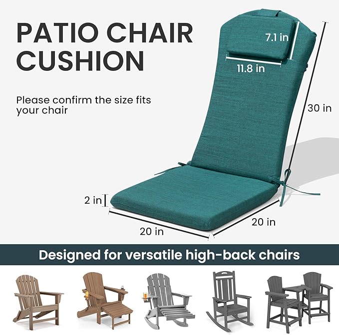 Crestlive 50x20 Inch Adirondack Chair Cushion with Headrest, Water Repellent, Fade Resistant, High Back Outdoor Rocking Chair Cushion for Patio, Malachite