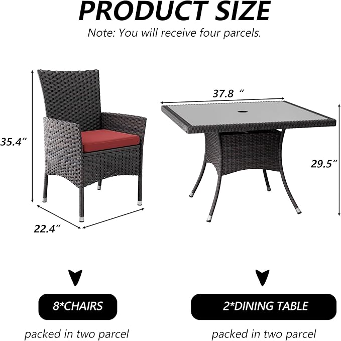 Kullavik 10-Piece Outdoor Dining Set Patio Rattan Furniture Set,Patio Dining Table and Chairs Set with 8 Chairs and Cushions,Square Glass Tabletop with Umbrella Hole for Patio,Red