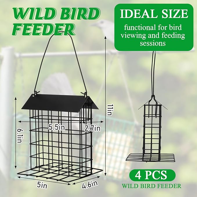Nuogo 4 Pcs Wild Bird Feeder Squirrel Proof Outdoor Hanging Suet Holder with Metal Roof and Platform Outside Cake Suet Feeder Rainproof Cage for Oriole Hummingbird Chickadee Nuthatch(Black)