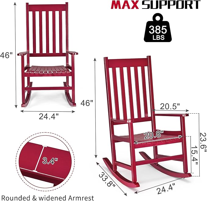 Outvita Outdoor Rocking Chair, Solid Wood High Back Rocker, All Weather Lounge Chair for Porch Patio Fire Pit Garden Backyard Deck Indoor, Red