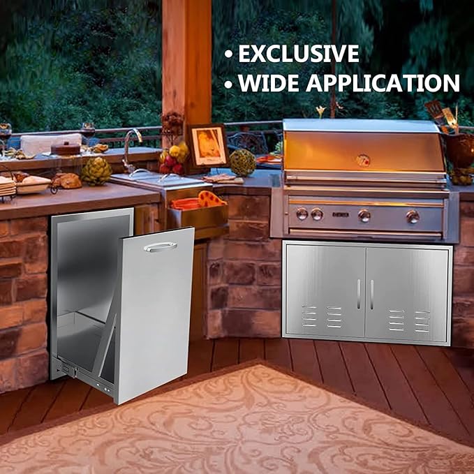 Built-in Double Trash Drawer 20" W x 27" H x 24" D Pull-Out Tray Outdoor Kitchen Stainless Steel Trash Drawer with Handle Storage Two Bins for BBQ Island Grill Station