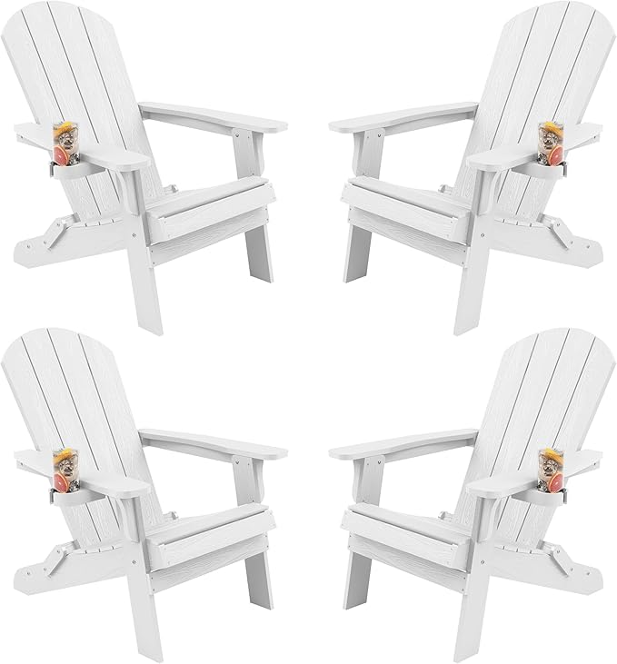 YEFU Adirondack Chair, Foldable Oversized Plastic Adirondack Chair Set of 4 with Cup Holder, Patio Chair with Weather Resistant for Outside Deck Lawn, Weight Capacity Up to 400 Lbs –White