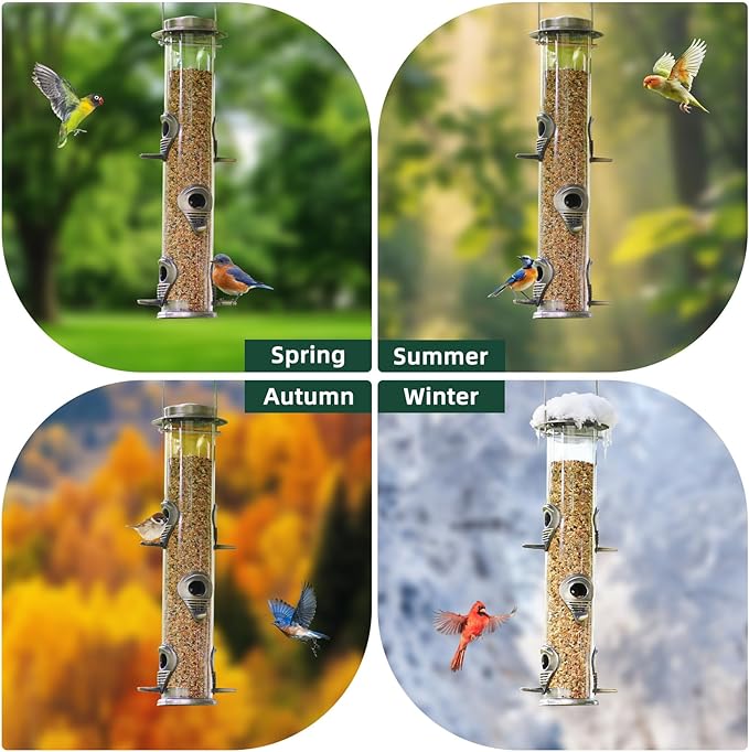 ERYTLLY Metal Bird Feeders 6 Port Tube Bird Feeder for Wild Birds, 1.4mm Extra Thick Solid Tube Transparent with Steel Squirrel Proof for Outside