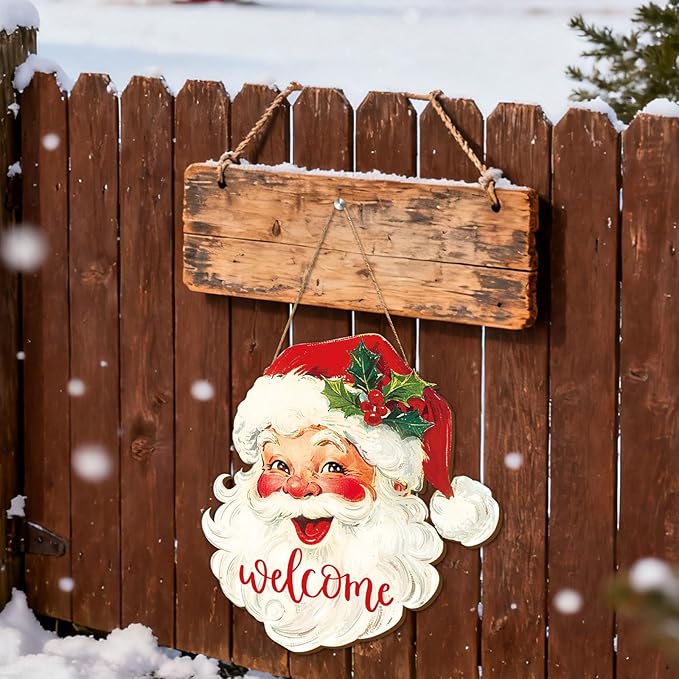 Whaline Christmas Wooden Hanging Sign Red Xmas Santa Welcome Wood Sign Vintage Santa Door Decor Signs for Indoor Outdoor Porch Wall