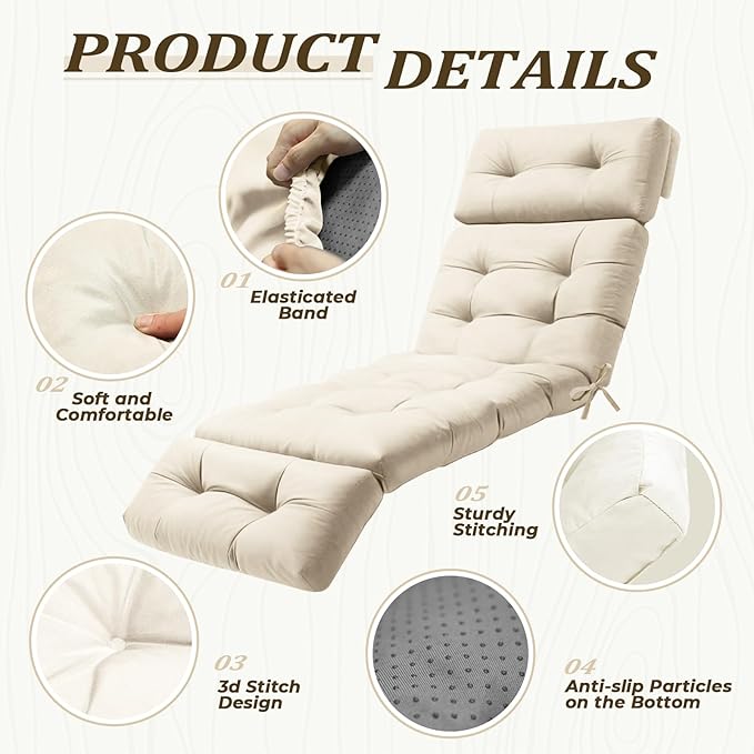 Waterproof Long Lounger Chair Cushion Outdoor Chaise Lounge Chair Cushionswith Ties, Patio Recliner Thickened Lounge Chair Cushions for Indoor 74.4 x 22 x 4.7 Inches, Cushion Only (Creme White)