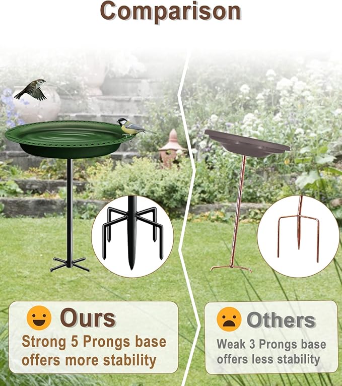 Garbuildman Upgraded 5-Prong Base Bird Bath with Metal Stake, Detachable Decoration Bowl Spa & Freestanding Birdfeeder for Outdoor Garden, Oval Style, Green