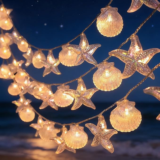 Starfish Shell String String Light 20 FT 40 LED Lights with Battery Operated Warm White LEDs, Ocean Theme for Holiday Party, Wedding, Garden Decoration (Shell Stars, 20FT)