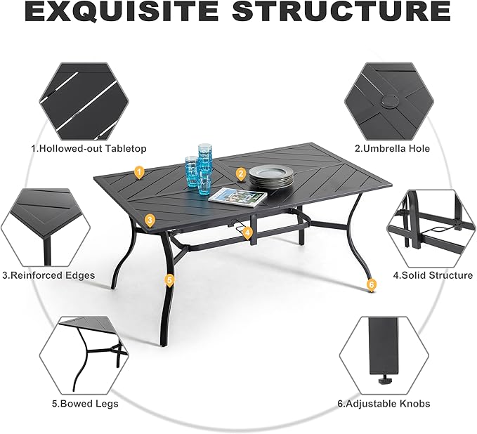 NUU GARDEN 7-Piece Outdoor Patio Dining Set with 6 Padded Textilene C-Spring Chairs and 61 x 37 Inch Table with 1.8 Inch Umbrella Hole for Patio Deck Garden Backyard Indoor Outdoor Use Black Blue