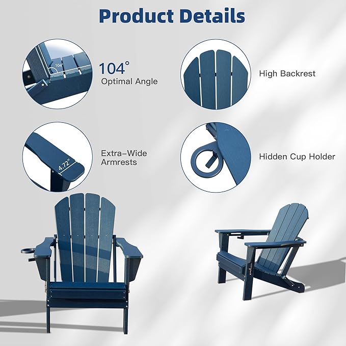 Domi Folding Adirondack Chair, HDPE All-Weather Outdoor Chair with Cup Holder, Wooden Textured Fire Pit Chair for Backyard, Patio, Poolside & Deck, Navy Blue