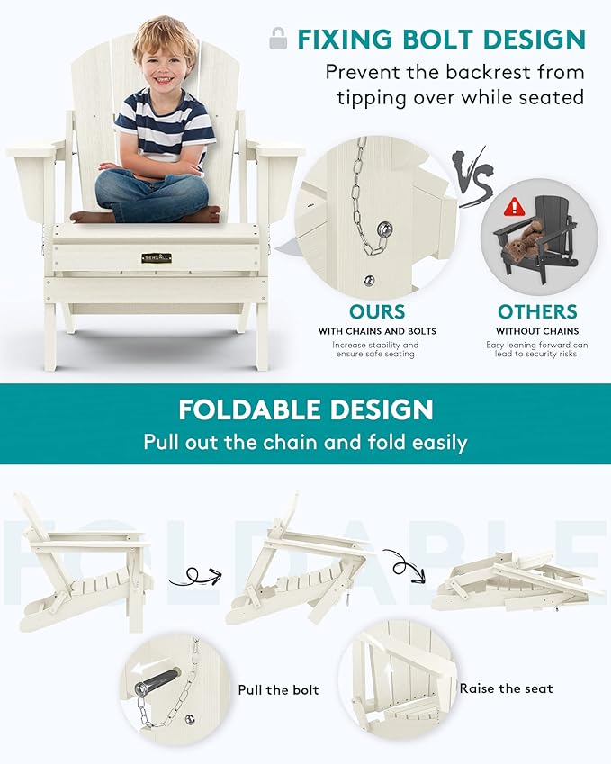 SERWALL Folding Adirondack Chair Set of 4 for Patio Garden Outdoors Fire Pit Chairs-White