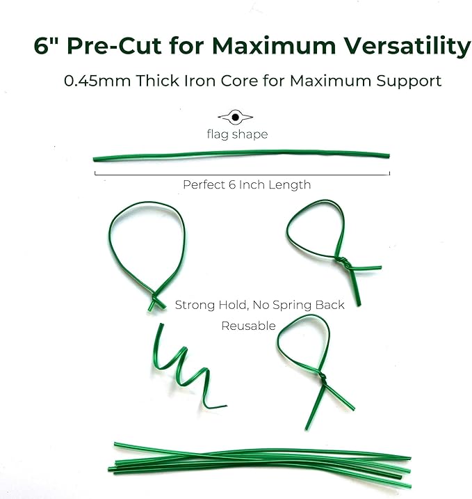 Green 6" Twist Ties (500 Pack) - Pre-Cut Garden Plant Ties in Self-Sealing Bag, Sturdy PET & 0.45mm Iron Core, Heavy Duty Reusable Ties for Tomato, Monstera, Vines and Cords