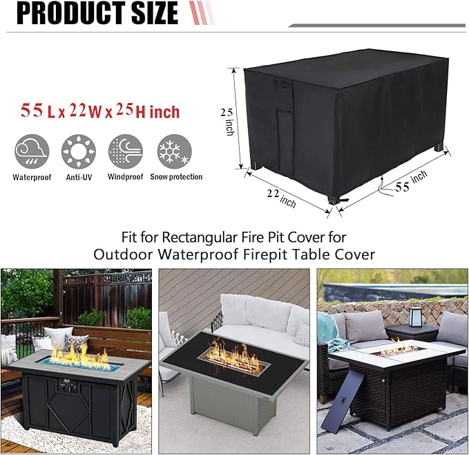 Fire Pit Cover Rectangular 55 Inch,Propane Gas Fire Pit Table Cover,Outdoor Waterproof Firepit Table Cover - 55 x 22 x 25 Inch