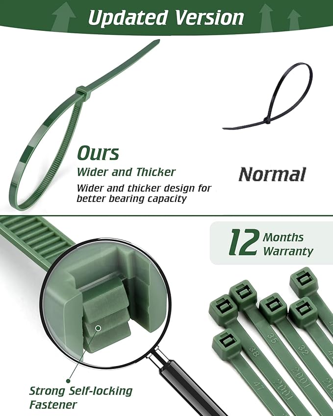 PA66 Green Zip Ties, 200pcs 12+10+8+4 Inch with 22-55lb Strength, Premium Heavy Duty Self-locking Nylon Cable Ties, Decoration Tie Wraps for Christmas Tree Holiday Lights Gardening Plants Grid Wall