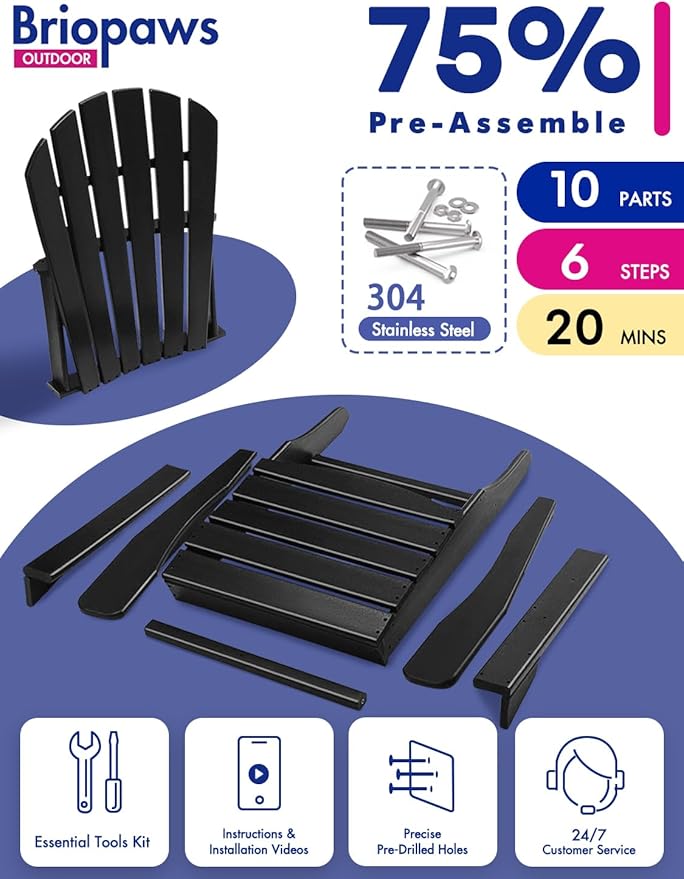 BRIOPAWS Adirondack-Chairs-Set of 6 | Fire Pit Chair | Oversized | HDPE Plastic | Weather Resistant | for Deck Outdoor Poolside Campfire | Black