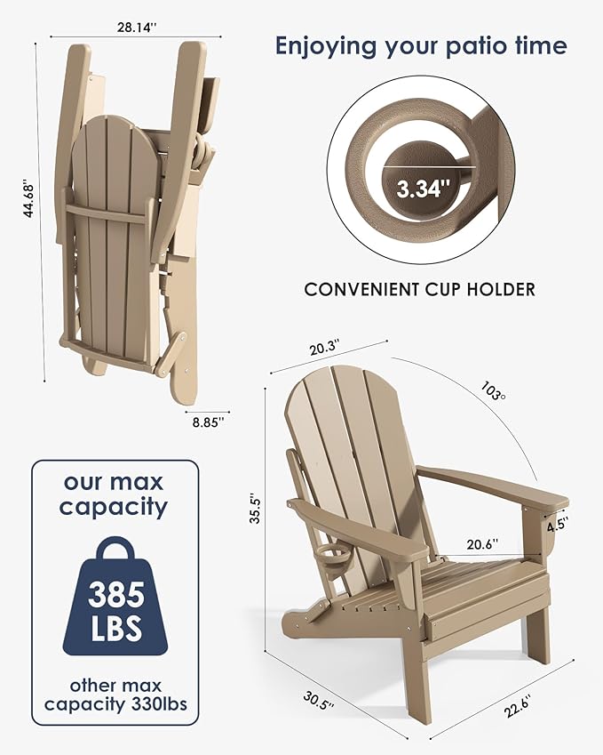 Folding Adirondack Chairs Set of 2, All-Weather Resistant HDPE Patio Firepit Chairs, Sturdy Outside Chairs with Cup Holder, Lawn Chairs, 80% Pre-installed Load Capacity 385lb, Weathered Wood