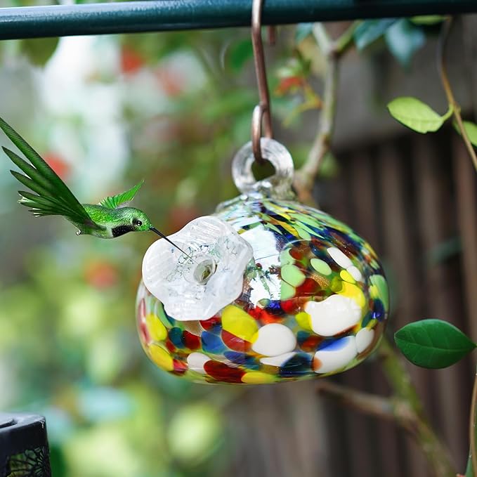 Blown Glass Hummingbird Feeder for Outdoors Hanging Ornaments with Hook Unique Humming Bird Feeder for Home Window Garden Decoration