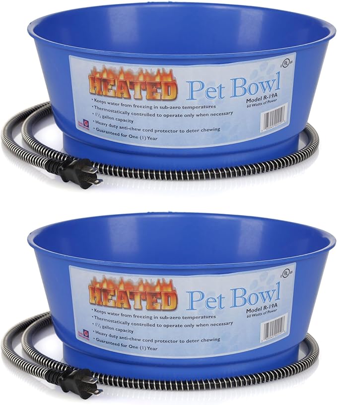 Farm Innovators 1.5 Gallon 60 Watt Electric Heated Pet Water Bowl with Thermostatic Control and Anti Chew Cord Protector, Blue (2 Pack)
