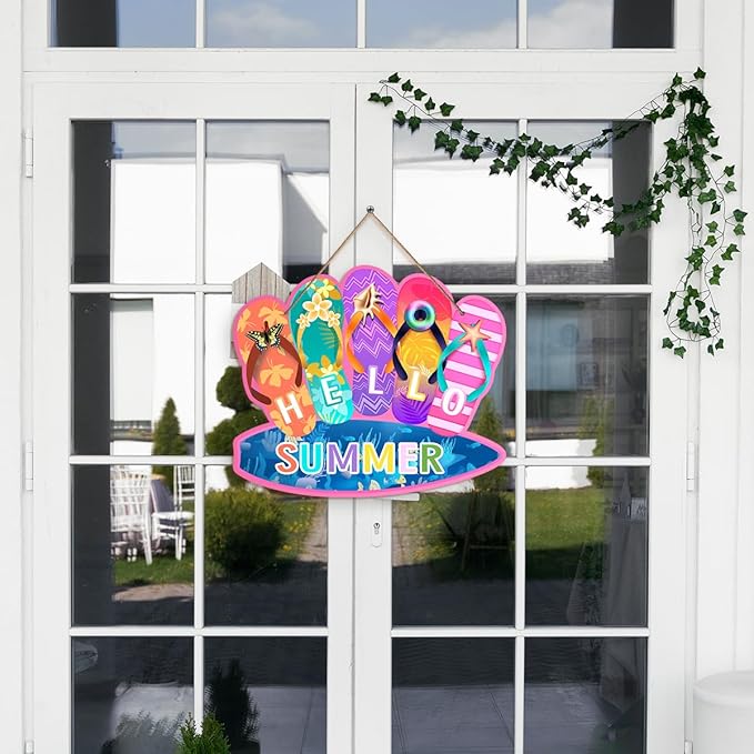Summer Decor Welcome Door Sign Slippers Hanging Sign Summer Wall Decor Welcome Hello Flip Flop Door Sign Hello Summer Dopamine Decor Rustic Wood Hanging Plaque Yard Garden Decoration with Rope