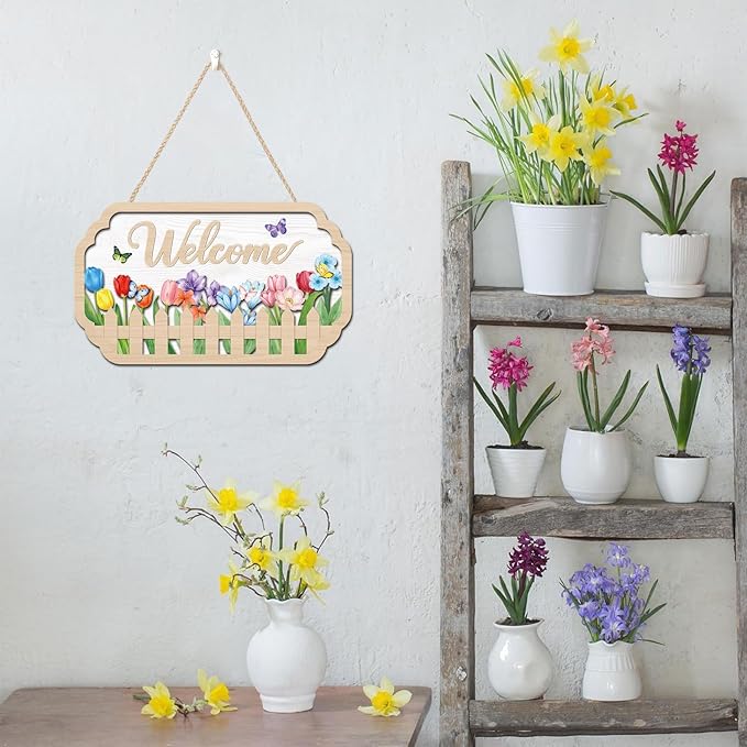 HOURIA 3D Spring Welcome Front Door Sign (11.4”x7”),Floral Butterfly Garden Sign,Colorful Tulip Flower Wreath Sign,Spring Decorations for Home Office Indoor Outdoor