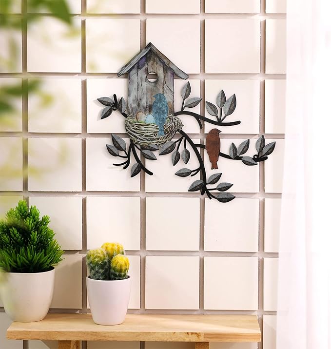 Peryiter Birds Wall Metal Decor for Outdoor Art Hanging Metal Tree with Birdhouse for Living Room Tree Leaf Wall Decor for Indoor Outdoor Garden(Brown)