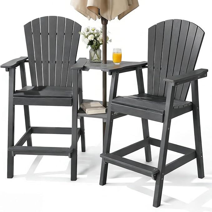 PASAMIC Tall Adirondack Chair Set of 2, All-Weather HDPE Outdoor Chairs with Removable Double Trays, Bar Height Adirondack Chairs for Balcony, Deck, Patio, Backyard, Dark Gray