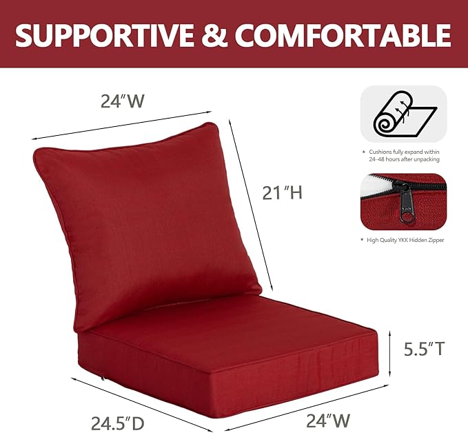 Goodgoods 24 x 24 Outdoor Patio Deep Seat Cushions 2-Pack, 1000+ Hours Fade-Resistant & Water-Resistant Outdoor Furniture Chair Cushions with 30D High-Resilience Foam for Sofa Chair, Chili