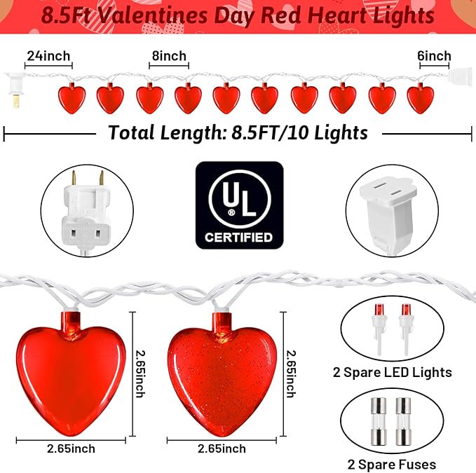 Red Heart String Lights, 8.5Ft Valentines Day Decorations Light with 10 LED Red Heart Lights, Connectable Romantic Fairy Light for Wedding Valentine's Day Anniversary Indoor Party Decor