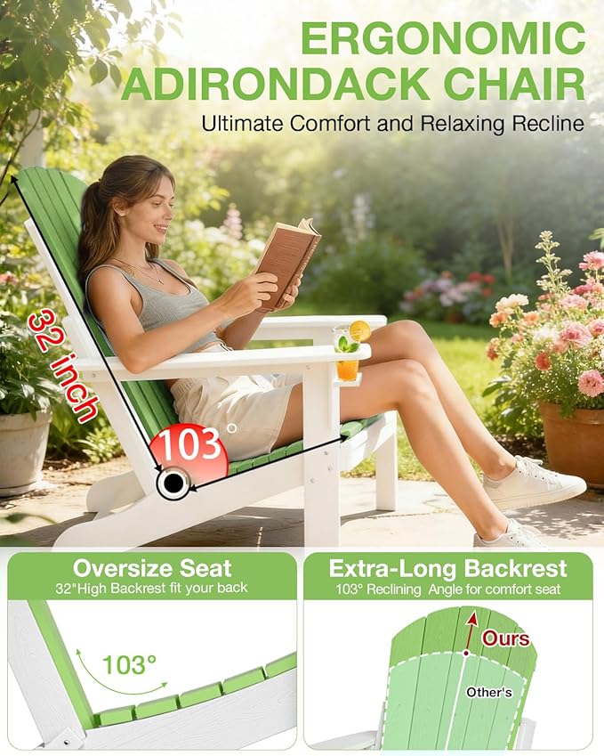 Folding Adirondack Chair –Recyclable HDPE Outdoor Adirondack Patio Chair with Cup Holder, Wood Texture & Umbrella Hole, 25-Year Fade-Free All Weather for Fire Pit, Porch, Poolside, Deck, Lime & White