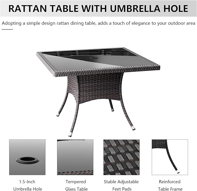 Kullavik 10-Piece Outdoor Dining Set Patio Rattan Furniture Set,Patio Dining Table and Chairs Set with 8 Chairs and Cushions,Square Glass Tabletop with Umbrella Hole for Patio,Grey
