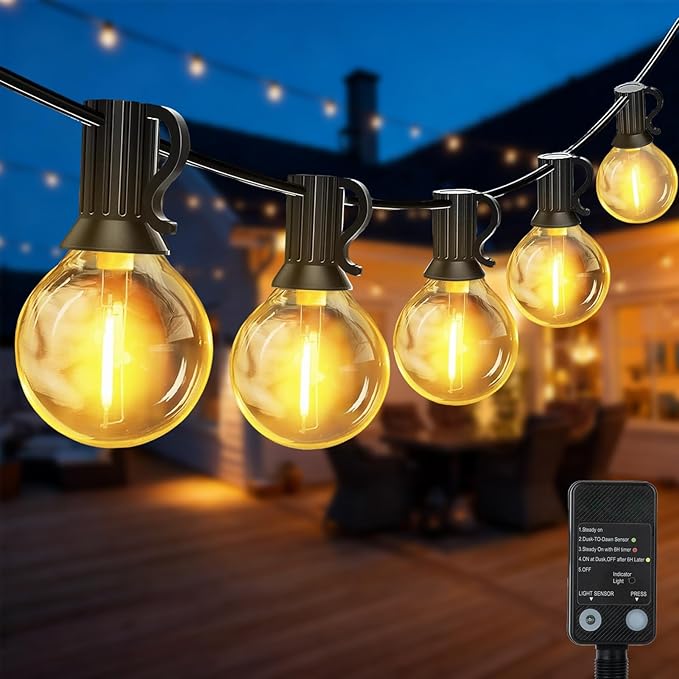 G40 LED Outdoor String Lights, 50FT LED Patio Lights with Light Sensor Timer, 27 Shatterproof Globe Bulbs(2 Spare), Waterproof Connectable Hanging Lights for Backyard Porch Balcony Decor