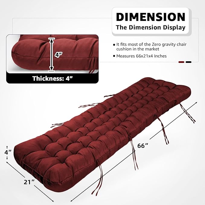 Patio Lounge Chair Cushion, Waterproof Zero Gravity Chair Cushions with Ties, 66x21x4 Inches Chaise Lounge Chair Cushion for Outdoor Indoor Furniture, Red (Only Cushion)