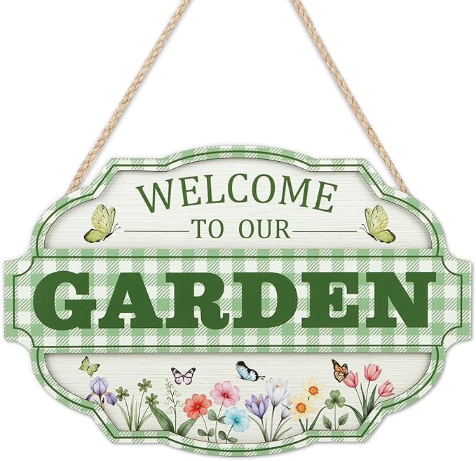 HOURIA 3D Welcome to Our Garden Wood Sign,(11.4”x8”) Gardening Yard Greenhouse Decor,Sage Green Gardening Sign, Flowers Butterfly Garden Decorations for Outside Indoor,Gardening Gifts