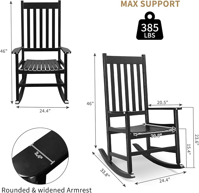 Outvita Outdoor Rocking Chair, Solid Wood High Back Rocker, All Weather Lounge Chair for Porch Patio Fire Pit Garden Backyard Deck Indoor, Black