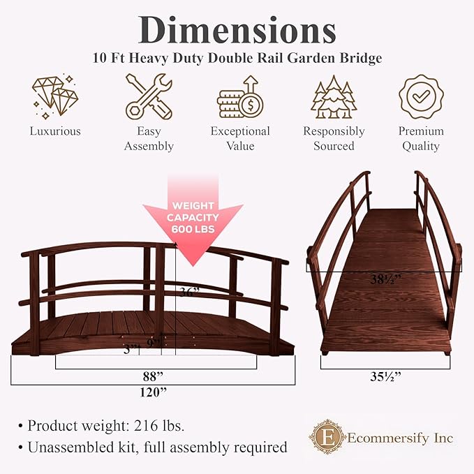 10 FT MAHOGANY Amish Made Garden Bridge with DOUBLE RAILS for Walkway, Backyard Pond & Landscaping, Outdoor Wooden Footbridge for Koi Pond, Japanese Style Decorative Bridge, Made in USA
