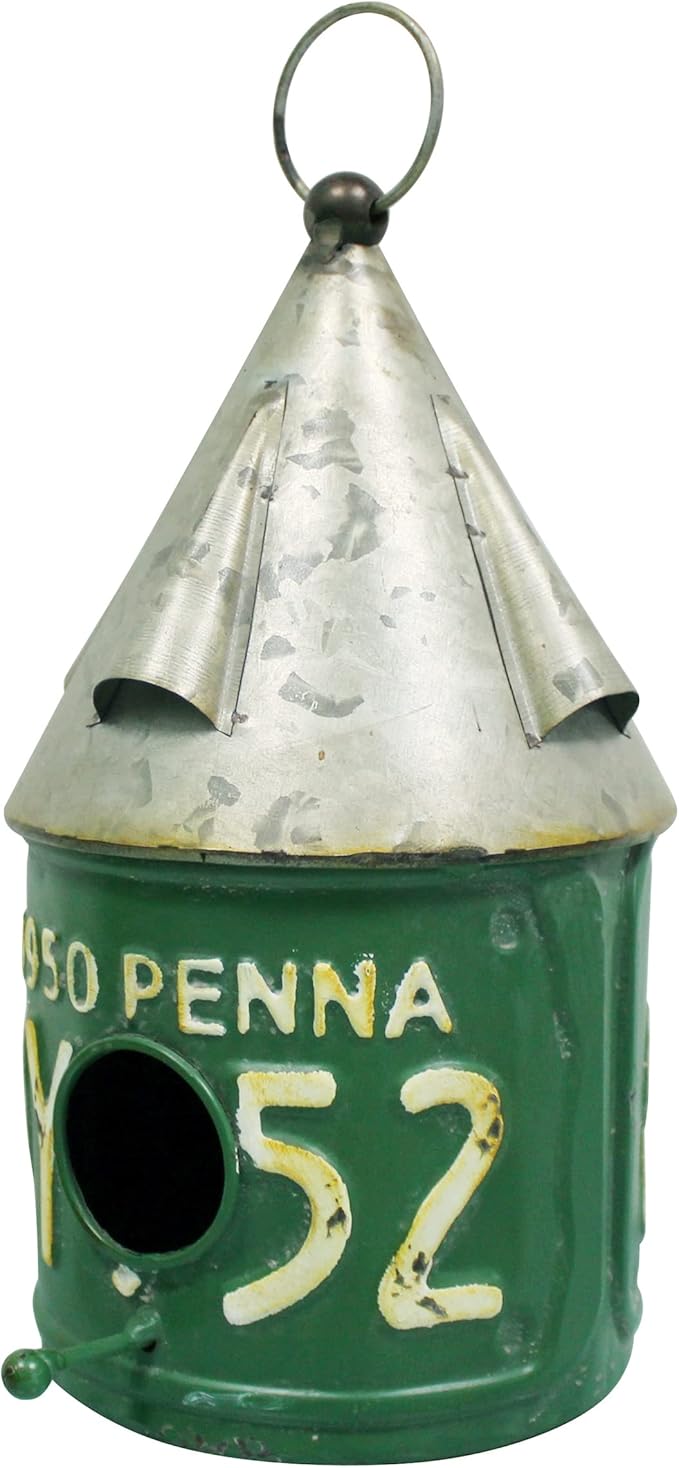 CVHOMEDECO. Bird House for Outdoor with Pole Rustic Vintage Metal Garden Decor., Single Roof Hanging Birdhouse for Outside, Postbox Design