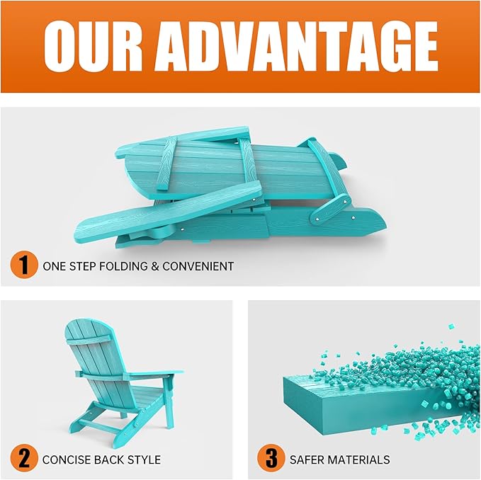 YEFU Adirondack Chair Set of 2, Folding Oversized Plastic Adirondack Chair with Cup Holder, Lawn Chair with Weather Resistant for Outdoor Deck Garden, Weight Capacity Up to 400 Lbs–Aruba