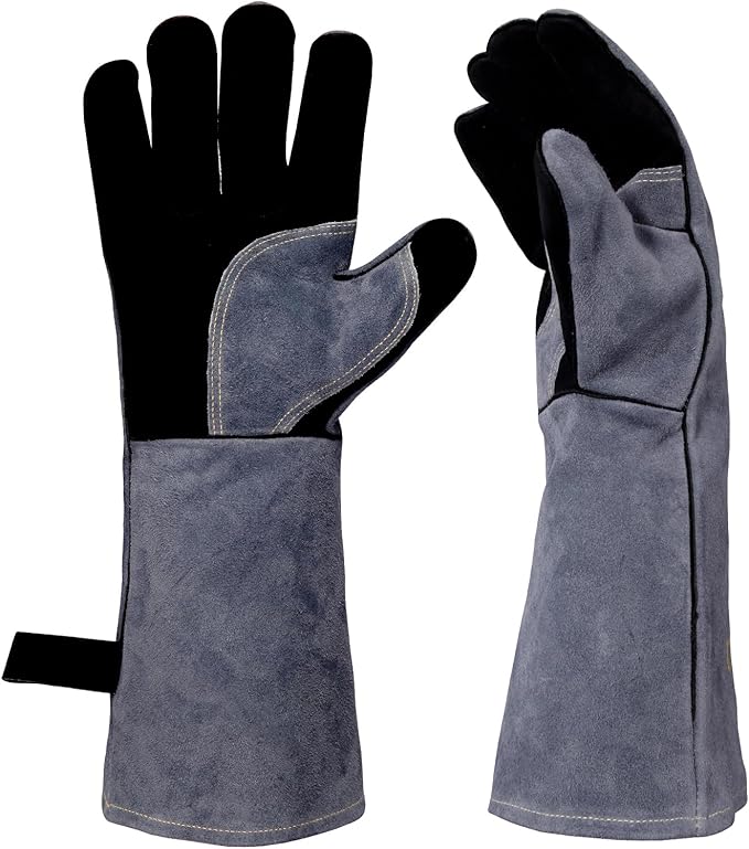 Leather Welding Gloves, 16inch 932℉ Heat/Fire Resistant, Wood Stove Gloves, Large Mitts for BBQ,Grill,Tig/Mig (Grey, M)